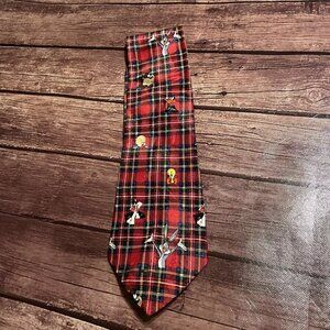 Looney Tunes Mania Tie Red Tartan Plaid Bugs Bunny Tweety Sylvester Daffy Duck